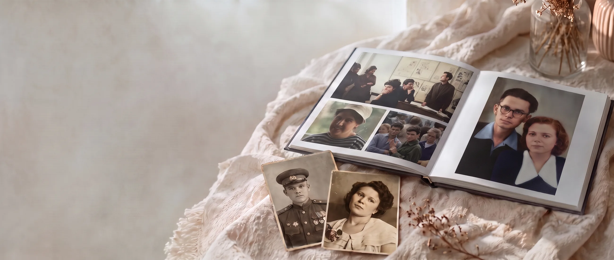 Раскрытая фотокнига с восстановленными снимками и старые фотографии рядом
