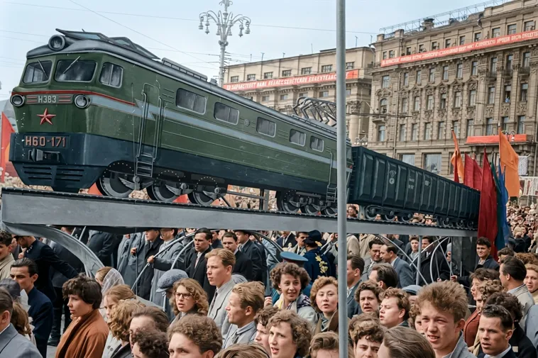 Первомайские демонстрации в цвете — фотография после восстановления, возвращены цвет и резкость
